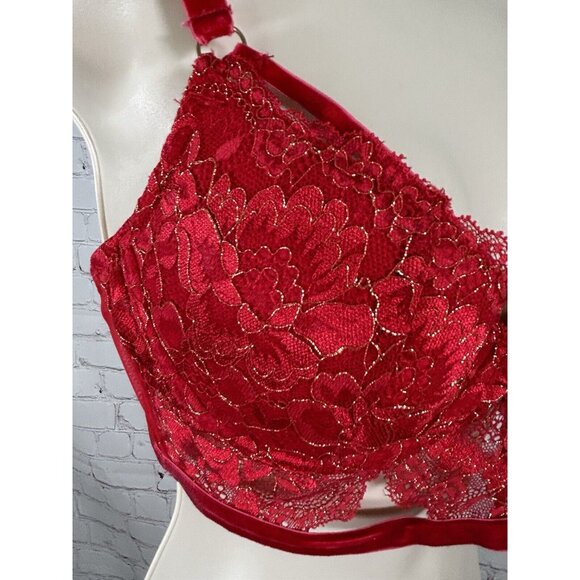 Lovehoney Lingerie Red Lace Velvet Strappy Front Back Close Underwire Bra L - Picture 9 of 11